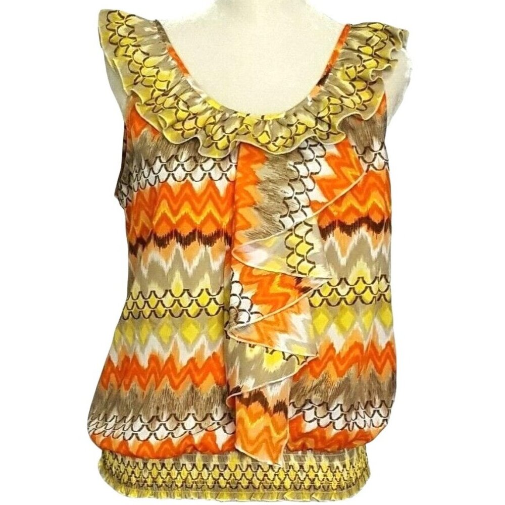 Cato‎ Womens Top L Sleeveless Ruffle Front Orange Yellow Elastic Waist